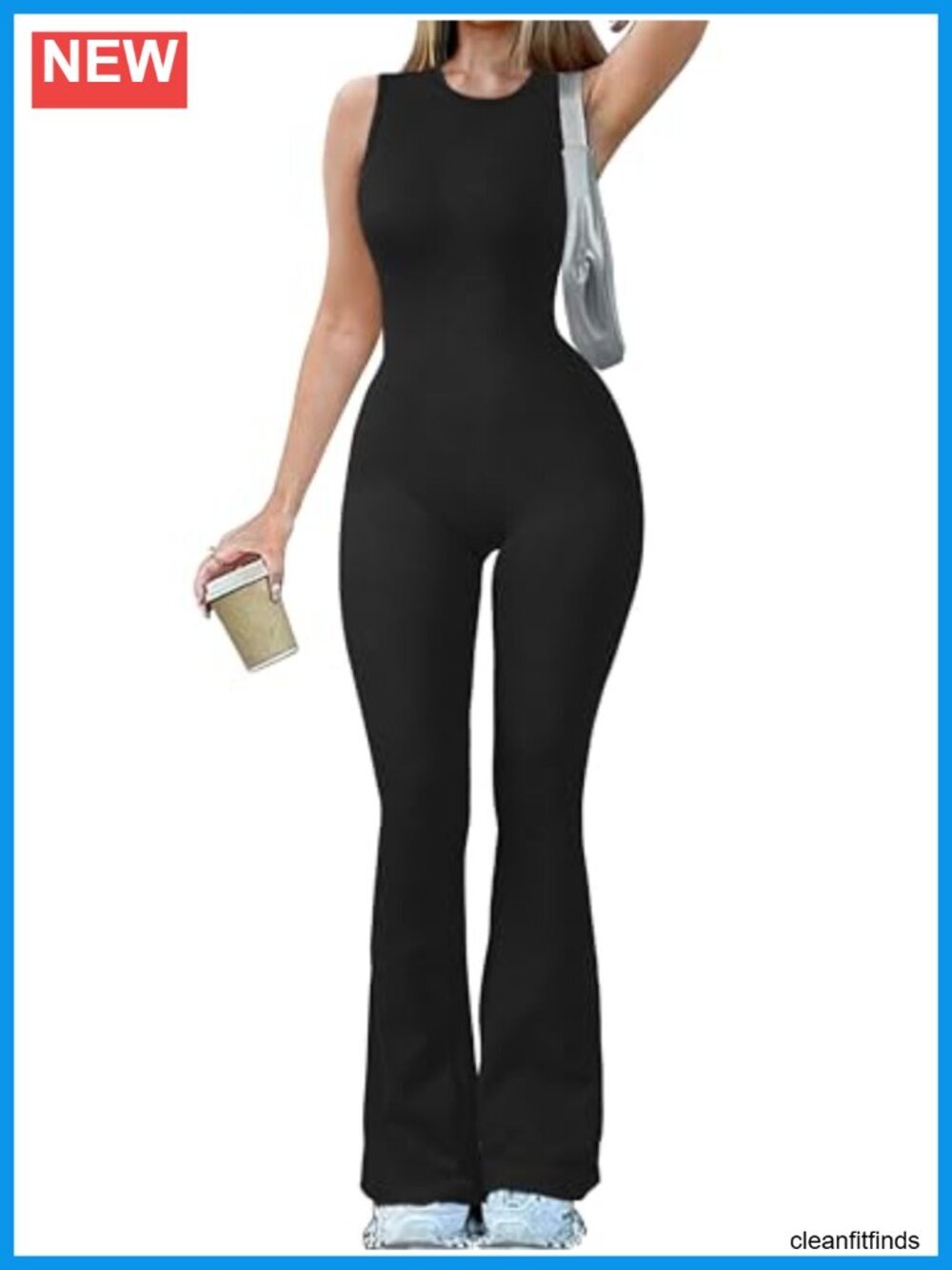 Ribbed Square Neck Sleeveless Bell Bottom Flare Jumpsuit Yoga Activewear